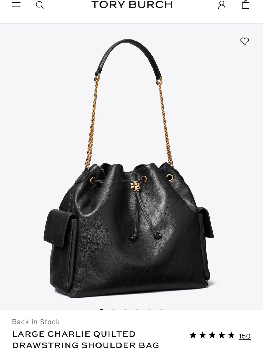 Tory Burch Black Quilted Drawstring Shoulder Bag with Gold Chain